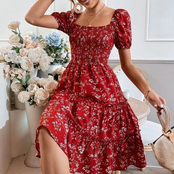boho  Floral Print Puff Sleeve Shirred Layered Hem Dress red - Picture 1 of 5